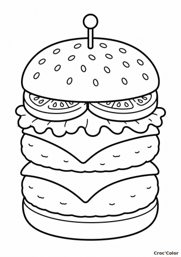 Coloriage Double Burger Géant Facile - Dessin Hamburger Rigolo pour Enfant et Maternelle à Imprimer Gratuit