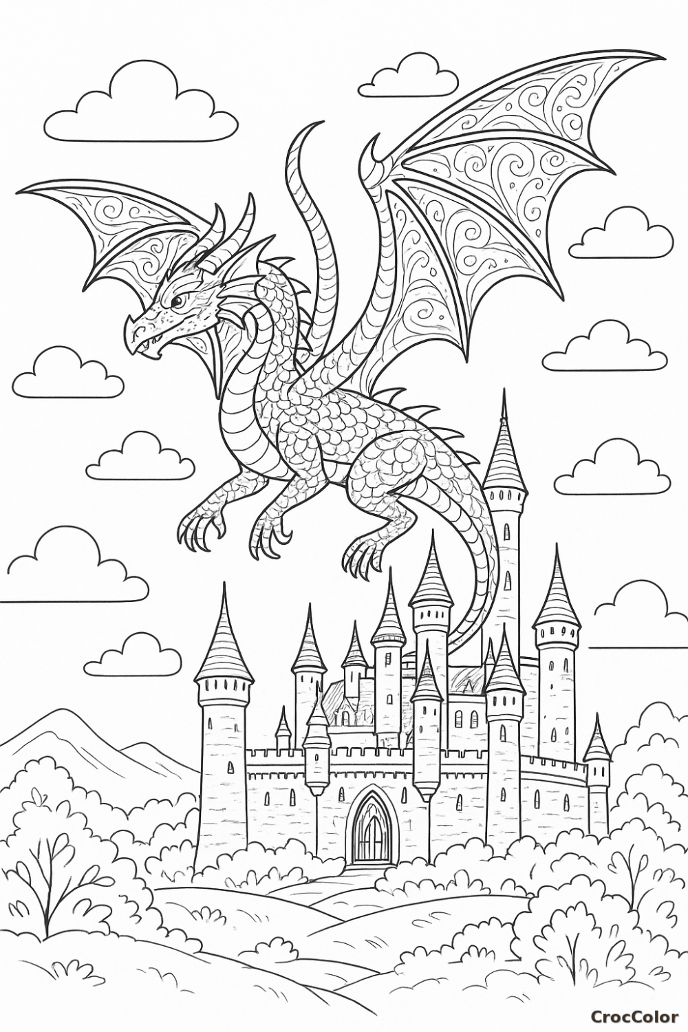 Coloriage Dragon Majestueux et Château Médiéval : Dessin Complexe à Imprimer