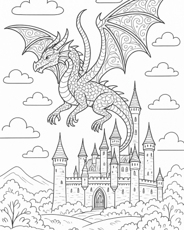 Coloriage Dragon Majestueux et Château Médiéval : Dessin Complexe à Imprimer