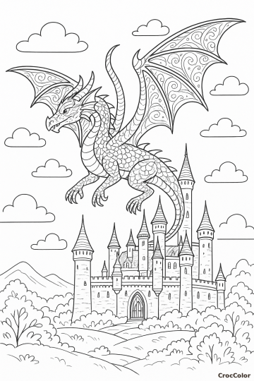 Coloriage Dragon Majestueux et Château Médiéval : Dessin Complexe à Imprimer