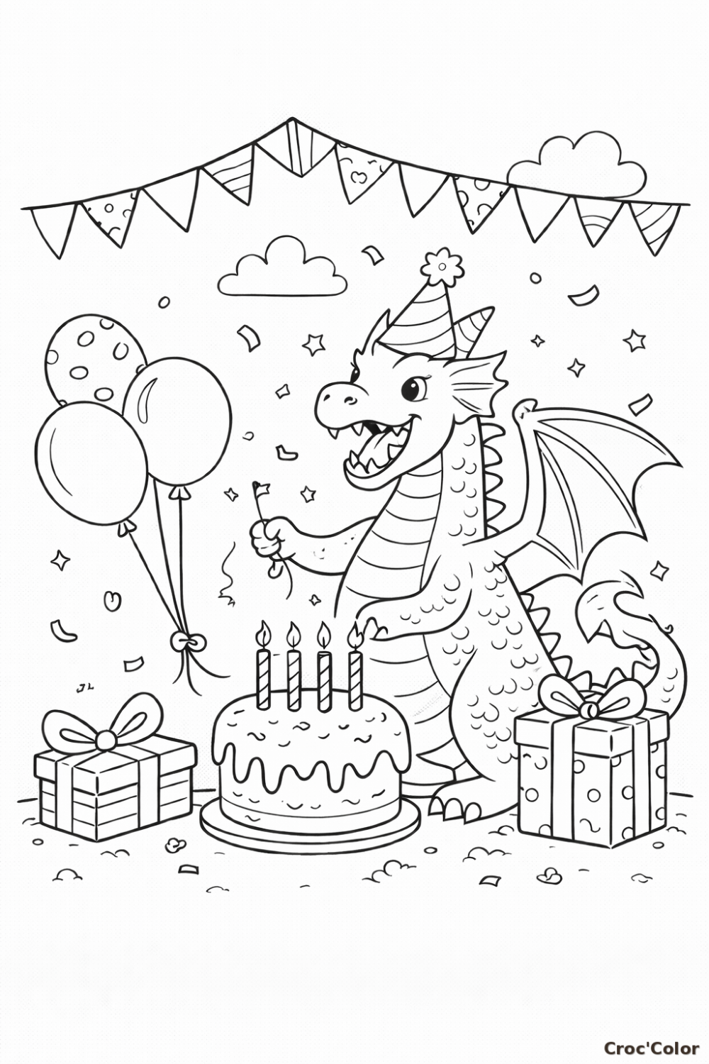 Coloriage Dragon Anniversaire Facile - Dessin Petit Dragon Maternelle à Imprimer Gratuit
