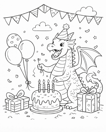 Coloriage Dragon Anniversaire Facile - Dessin Petit Dragon Maternelle à Imprimer Gratuit