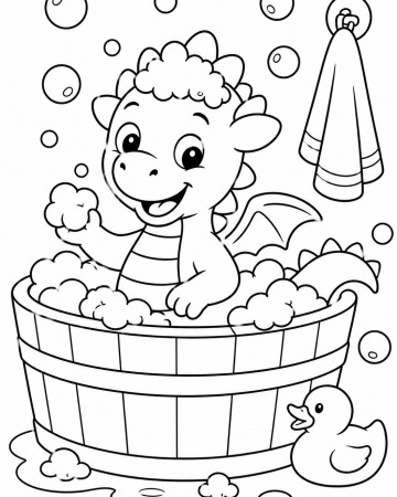 Coloriage Dragon Bain Facile Maternelle - Dessin Bébé Dragon dans sa Baignoire à Imprimer Gratuit