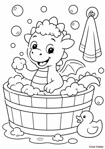 Coloriage Dragon Bain Facile Maternelle - Dessin Bébé Dragon dans sa Baignoire à Imprimer Gratuit