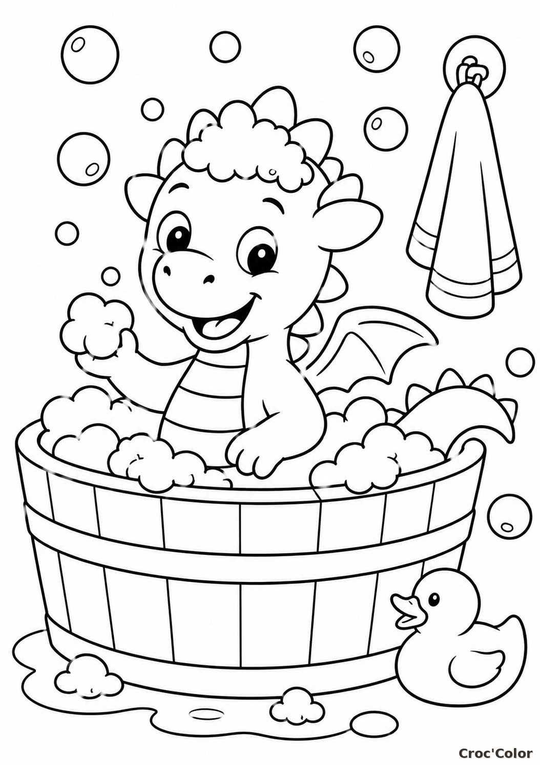 Coloriage Dragon Bain Facile Maternelle - Dessin Bébé Dragon dans sa Baignoire à Imprimer Gratuit