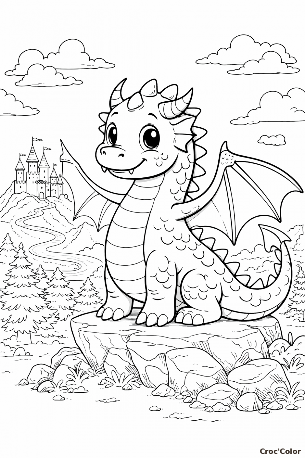 Coloriage Dragon et Château Facile - Dessin Petit Dragon Maternelle à Imprimer Gratuit