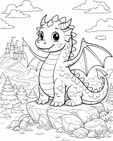 Coloriage Dragon et Château Facile - Dessin Petit Dragon Maternelle à Imprimer Gratuit