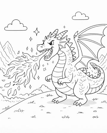Coloriage Dragon Cracheur de Feu et Montagnes : Dessin Fantastique à Imprimer