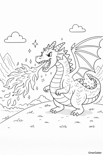 Coloriage Dragon Cracheur de Feu et Montagnes : Dessin Fantastique à Imprimer