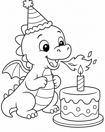 Coloriage Dragon Anniversaire Facile Maternelle - Dessin Petit Dragon et Gâteau à Imprimer Gratuit