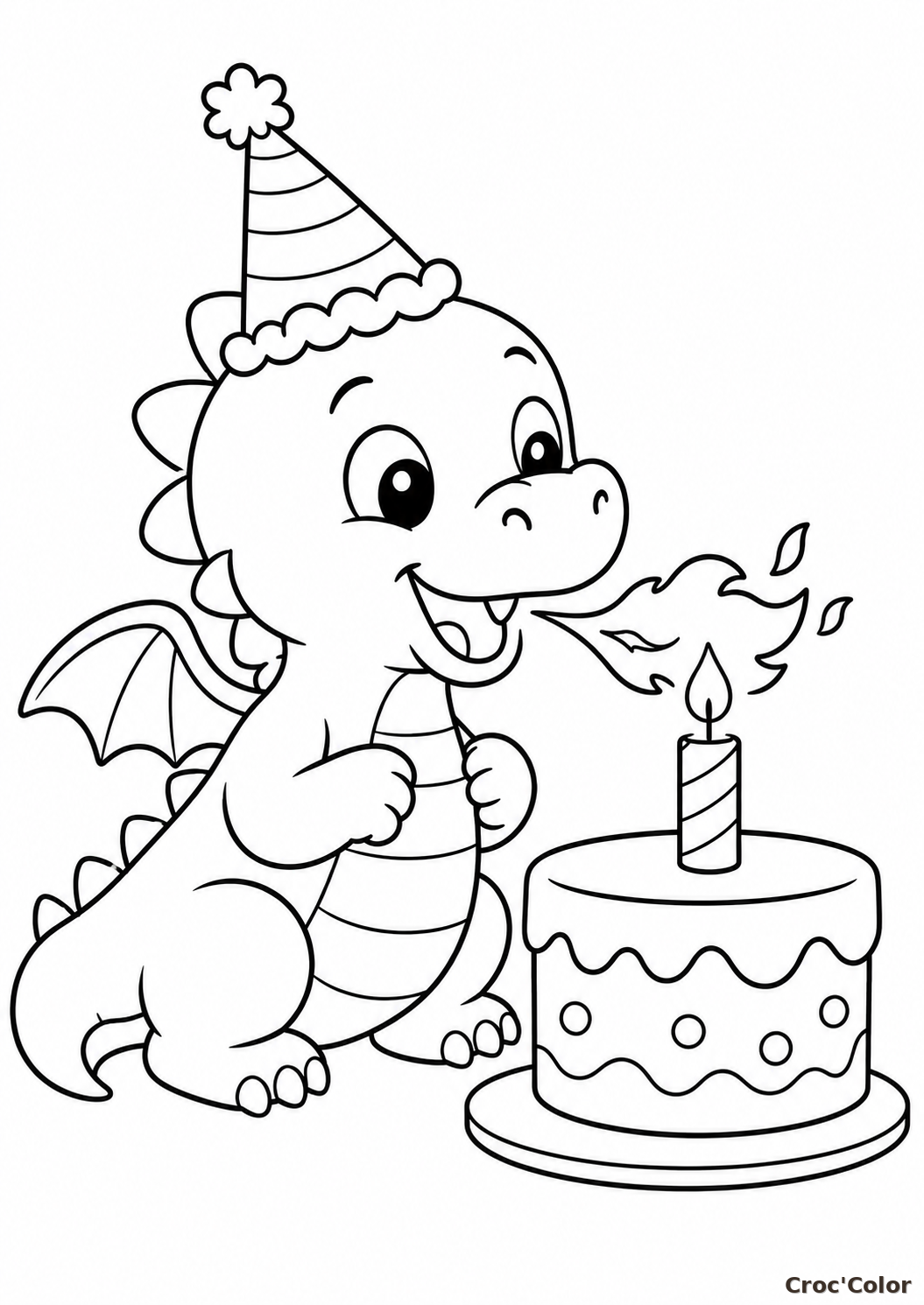 Coloriage Dragon Anniversaire Facile Maternelle - Dessin Petit Dragon et Gâteau à Imprimer Gratuit
