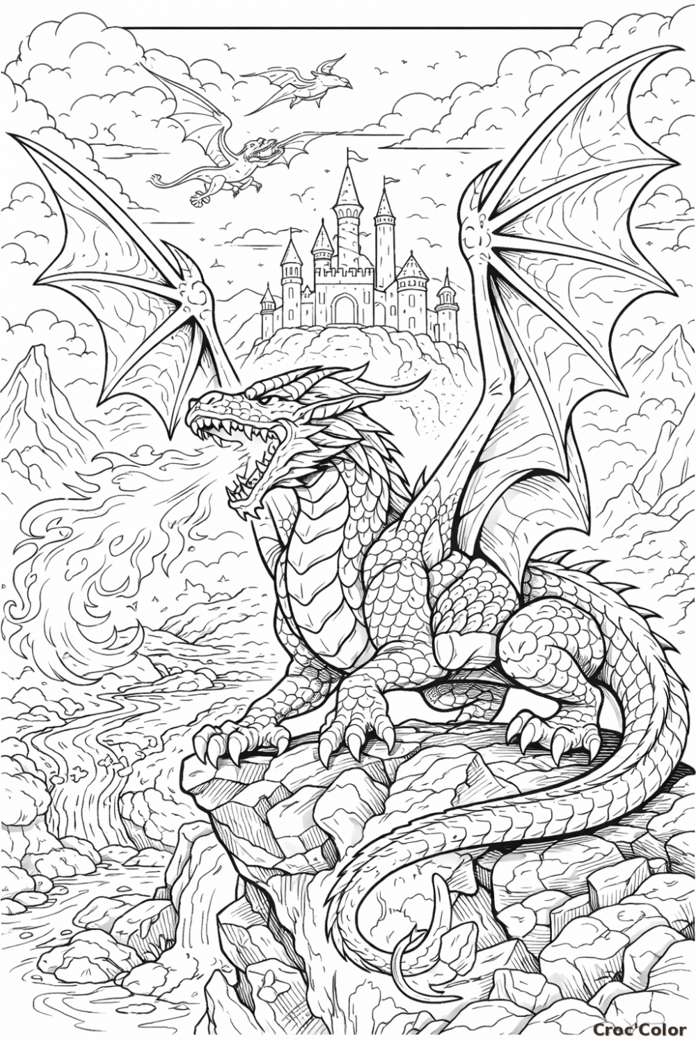 Coloriage Dragon Cracheur de Feu et Château Fort - Dessin Fantastique Détaillé à Imprimer