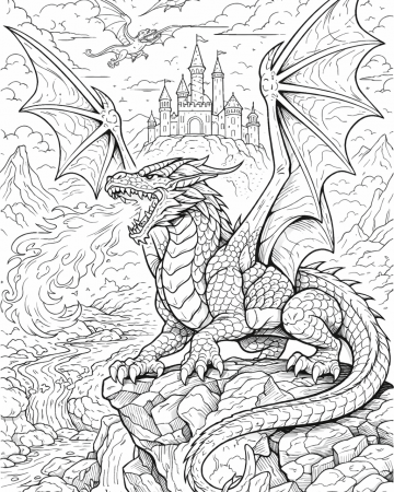 Coloriage Dragon Cracheur de Feu et Château Fort - Dessin Fantastique Détaillé à Imprimer