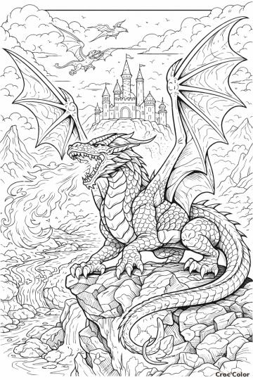 Coloriage Dragon Cracheur de Feu et Château Fort - Dessin Fantastique Détaillé à Imprimer