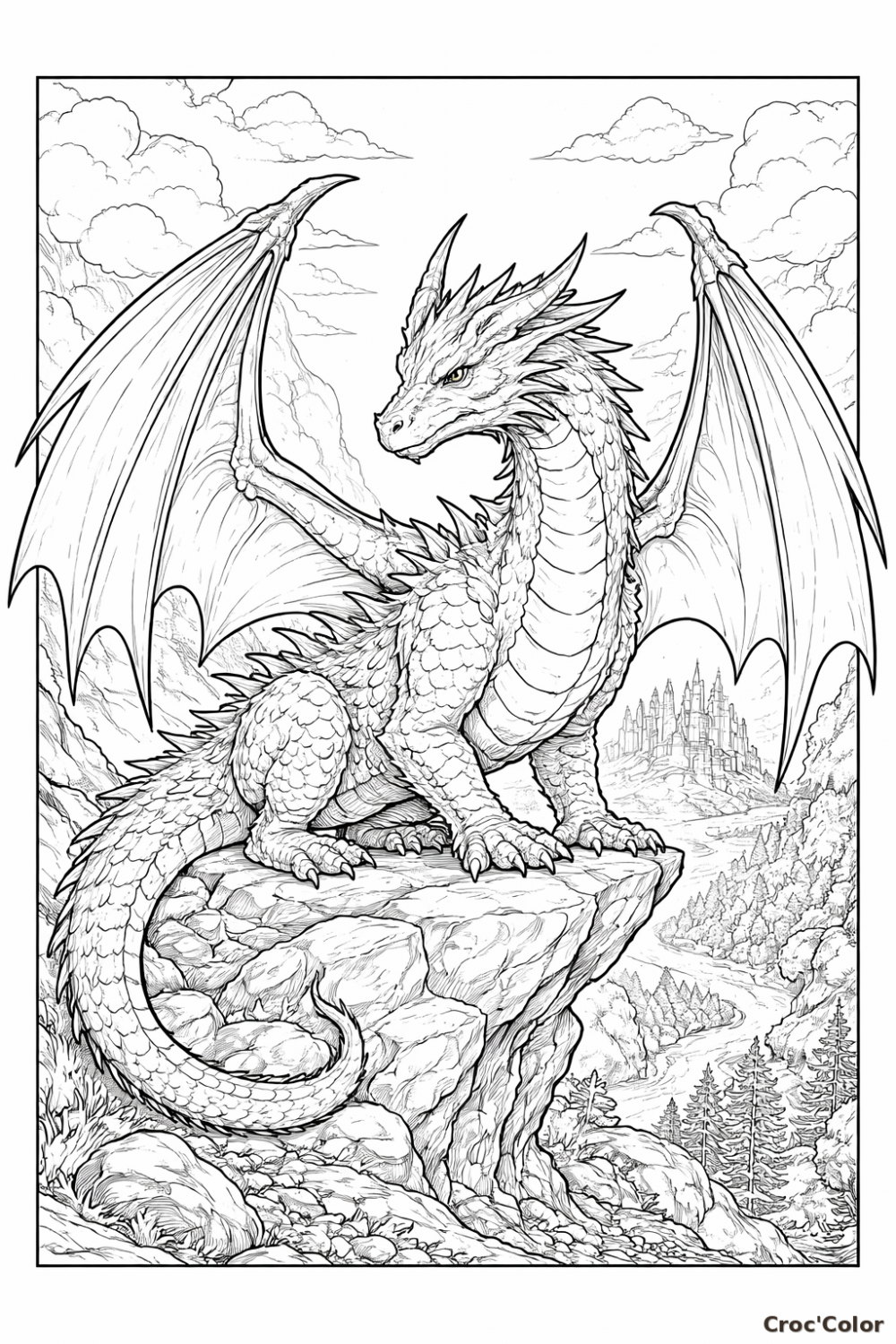 Coloriage Dragon Légendaire sur sa Falaise - Dessin Fantasy Difficile à Imprimer