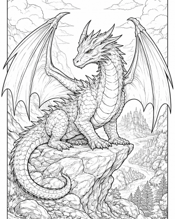 Coloriage Dragon Légendaire sur sa Falaise - Dessin Fantasy Difficile à Imprimer