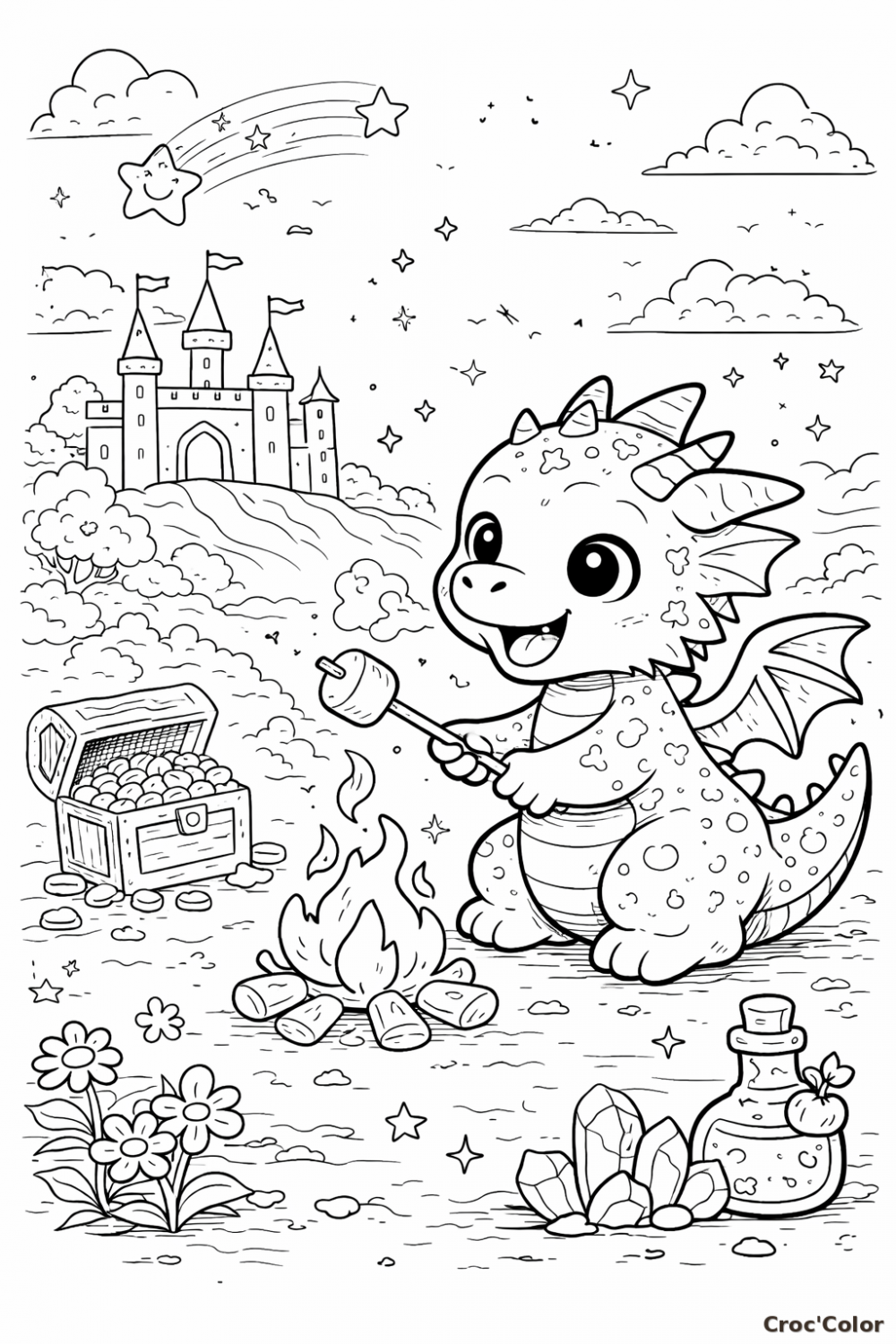 Coloriage Petit Dragon Rigolo avec Coffre au Trésor et Château - Gratuit à Imprimer