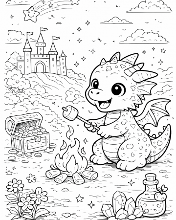 Coloriage Petit Dragon Rigolo avec Coffre au Trésor et Château - Gratuit à Imprimer