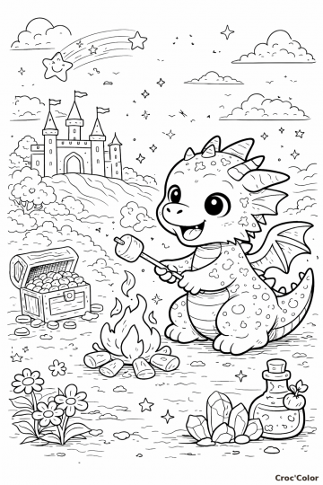 Coloriage Petit Dragon Rigolo avec Coffre au Trésor et Château - Gratuit à Imprimer