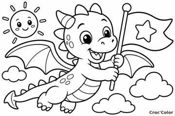 Coloriage Dragon Volant Facile Maternelle - Dessin Petit Dragon avec Drapeau à Imprimer Gratuit