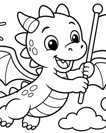 Coloriage Dragon Volant Facile Maternelle - Dessin Petit Dragon avec Drapeau à Imprimer Gratuit
