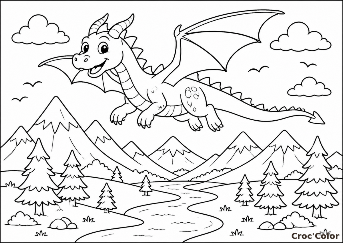Coloriage Dragon Volant Facile - Dessin Petit Dragon et Montagnes à Imprimer