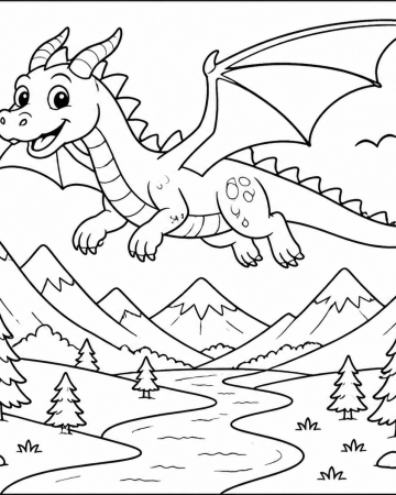 Coloriage Dragon Volant Facile - Dessin Petit Dragon et Montagnes à Imprimer