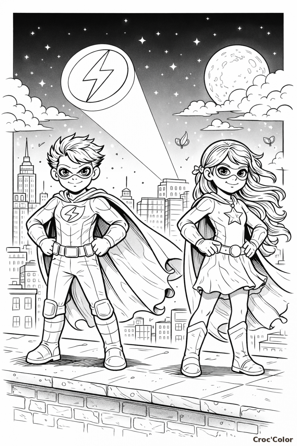 Coloriage Duo de Super-Héros Fille et Garçon de Nuit - Dessin Ville à Imprimer