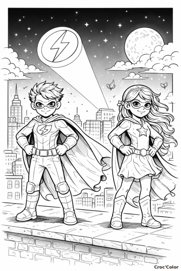 Coloriage Duo de Super-Héros Fille et Garçon de Nuit - Dessin Ville à Imprimer