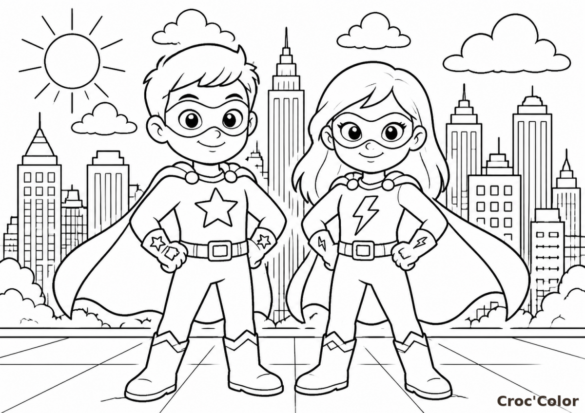 Coloriage Duo de Super-Héros en Ville - Dessin Fille et Garçon à Imprimer Gratuit