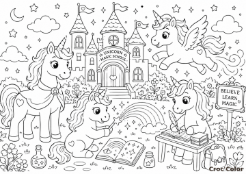 Coloriage École de Magie des Licornes - Dessin Licorne Pégase et Château Féerique à Imprimer Gratuit