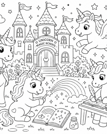 Coloriage École de Magie des Licornes - Dessin Licorne Pégase et Château Féerique à Imprimer Gratuit
