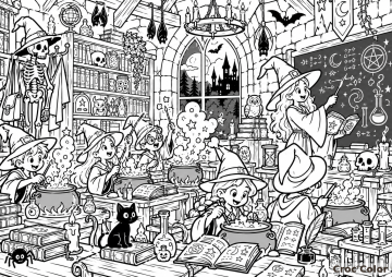 Coloriage École de Sorcellerie et Cours de Magie Difficile - Dessin Apprentis Sorciers, Chaudrons et Grimoires à Imprimer Gratuit