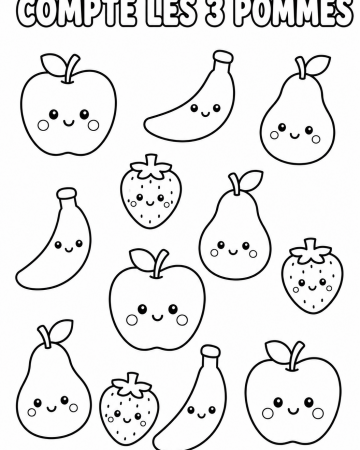 Coloriage Éducatif Fruits Kawaii : Compte les 3 Pommes - Activité Maternelle