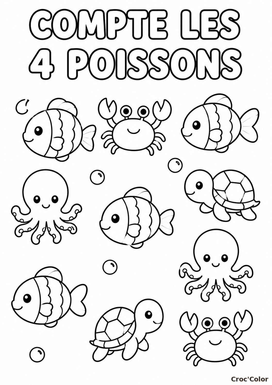 Coloriage Éducatif Animaux Marins : Compte les 4 Poissons - Activité Maternelle