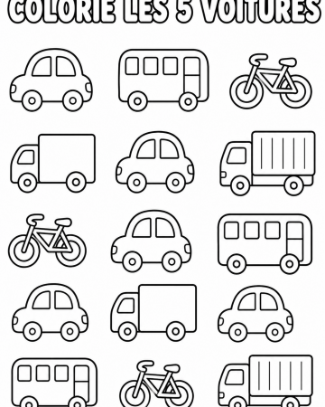 Coloriage Éducatif Maternelle : Colorie les 5 Voitures - Apprendre à Compter