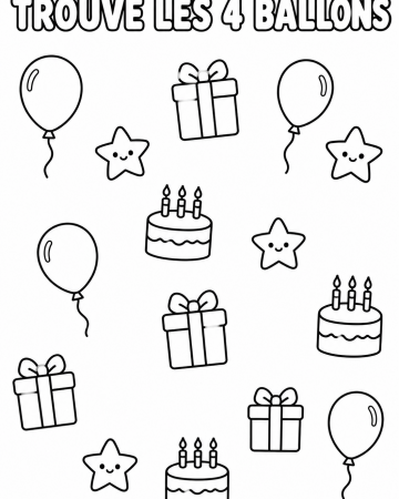 Coloriage Éducatif Anniversaire : Trouve et Colorie les 4 Ballons - Activité Maternelle