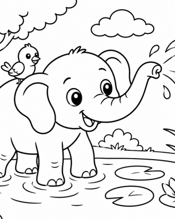Coloriage Éléphant Facile Maternelle - Dessin Bébé Éléphant qui Joue dans l'Eau à Imprimer Gratuit