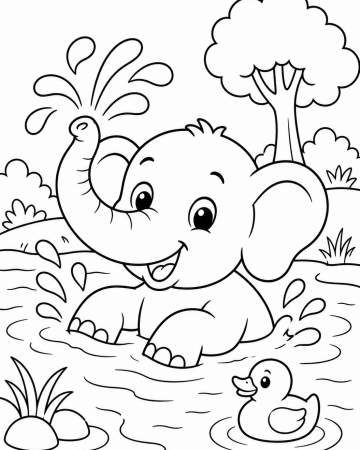 Coloriage Éléphant Facile Maternelle - Dessin Éléphanteau dans l'Eau à Imprimer Gratuit