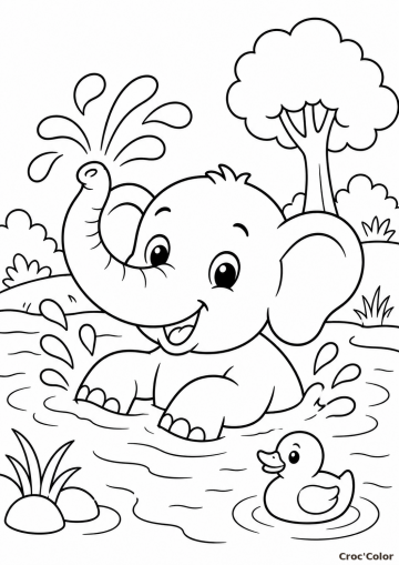 Coloriage Éléphant Facile Maternelle - Dessin Éléphanteau dans l'Eau à Imprimer Gratuit