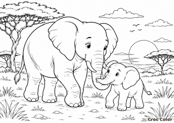 Coloriage Éléphant Facile Maternelle - Dessin Maman Éléphant et son Bébé dans la Savane à Imprimer Gratuit