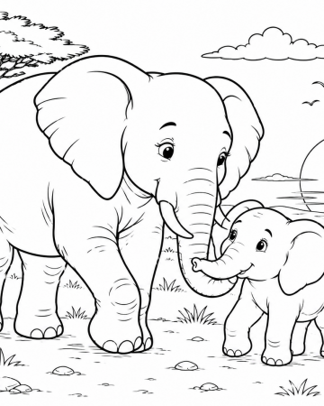 Coloriage Éléphant Facile Maternelle - Dessin Maman Éléphant et son Bébé dans la Savane à Imprimer Gratuit