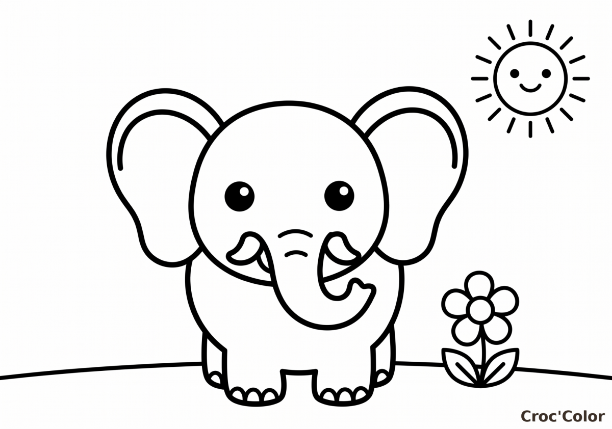 Coloriage Éléphant Facile Maternelle - Dessin Animaux Savane Kawaii à Imprimer