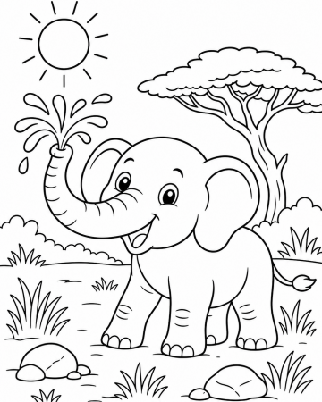 Coloriage éléphant dans la savane - Dessin animal à imprime