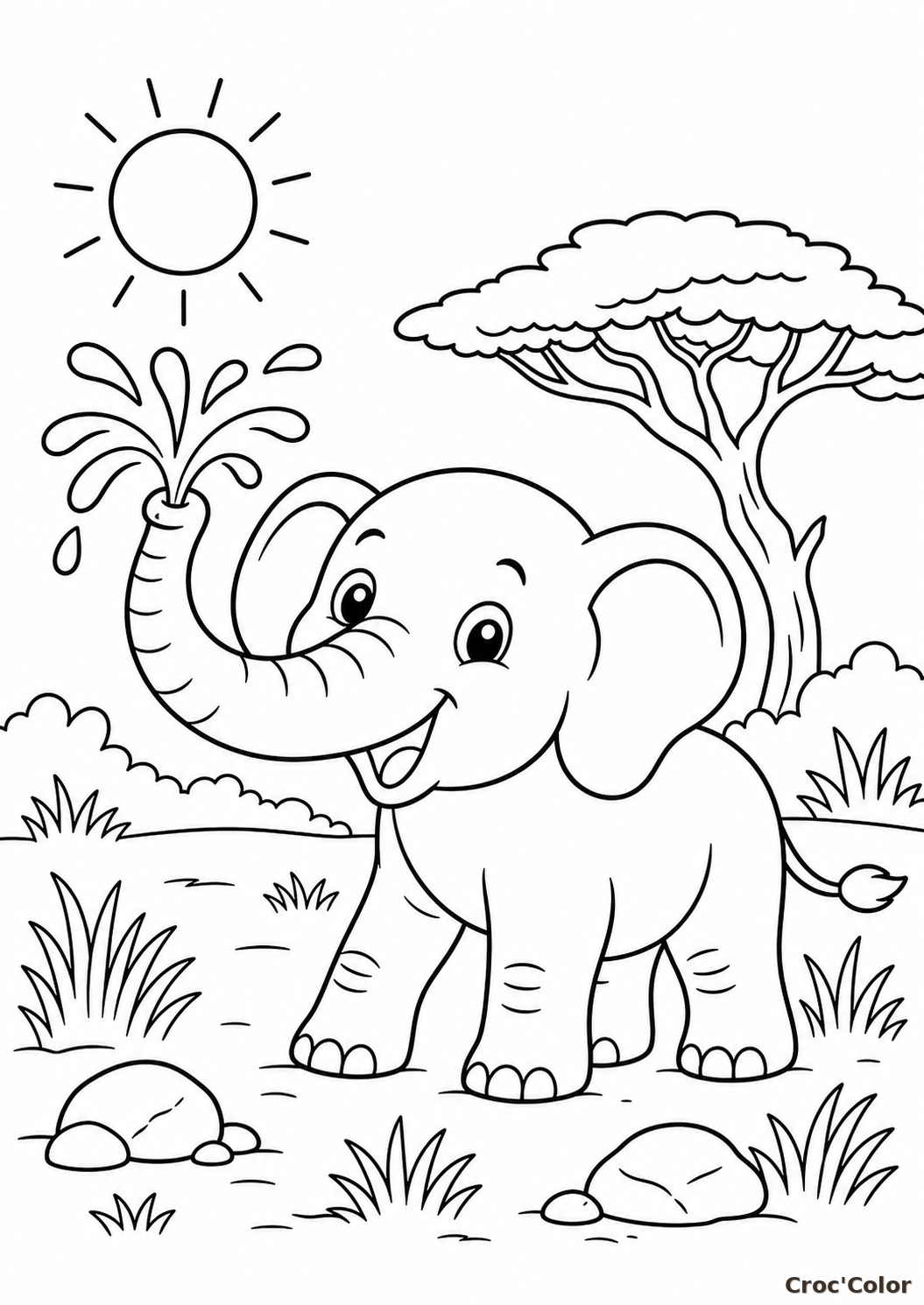 Coloriage éléphant dans la savane - Dessin animal à imprime