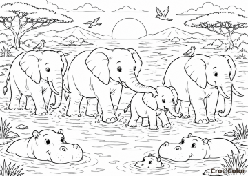 Coloriage Éléphants et Hippopotames de la Savane - Dessin Animaux d'Afrique Sauvage à Imprimer Gratuit