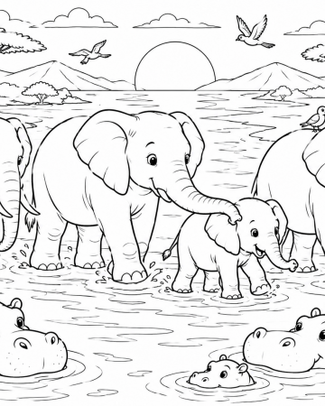 Coloriage Éléphants et Hippopotames de la Savane - Dessin Animaux d'Afrique Sauvage à Imprimer Gratuit