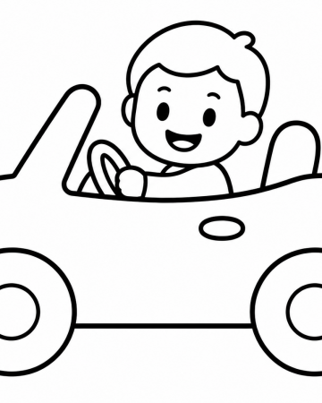 Coloriage Enfant en Voiture Décapotable Maternelle - Dessin Petit Garçon Conducteur Facile à Imprimer Gratuit