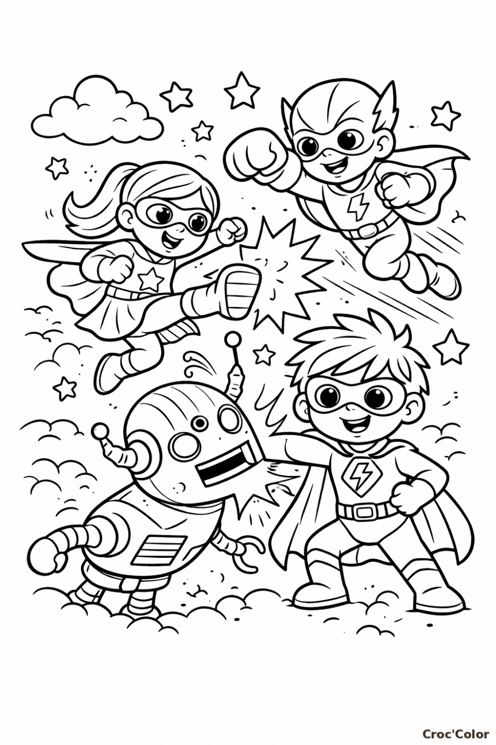 Coloriage Enfants Super-Héros contre Robot - Dessin Super-Héroïne et Justiciers à Imprimer Gratuit