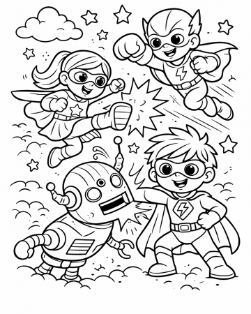 Coloriage Enfants Super-Héros contre Robot - Dessin Super-Héroïne et Justiciers à Imprimer Gratuit